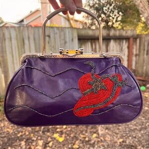 Temptation Italy Purple Leather Beaded Red Hat Kiss Lock Handbag Evening Bag